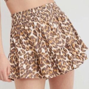 Aerie Women M Leopard Linen Blend Smocked Ruffle Flounce Tiered Mini Skirt NWOT